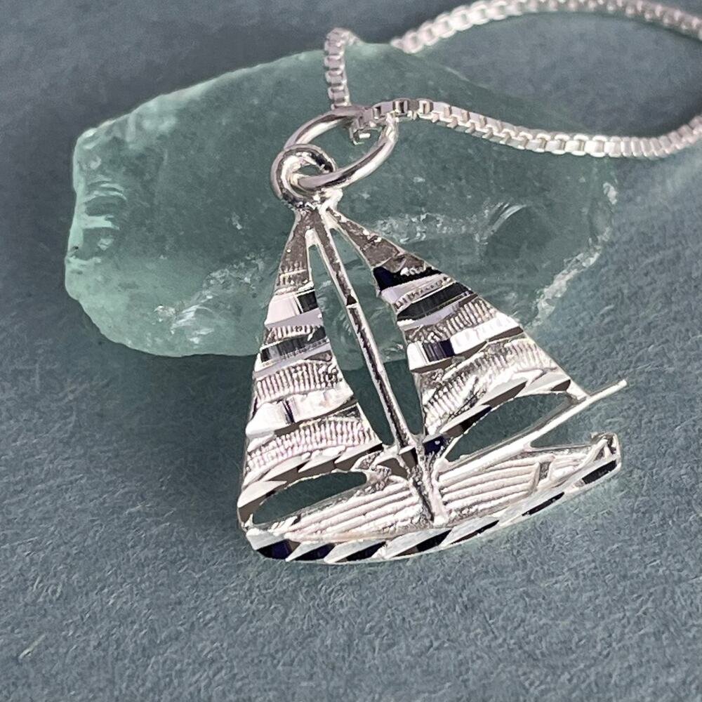 Sailboat Pendant on 16" box chain Sterling Silver 925